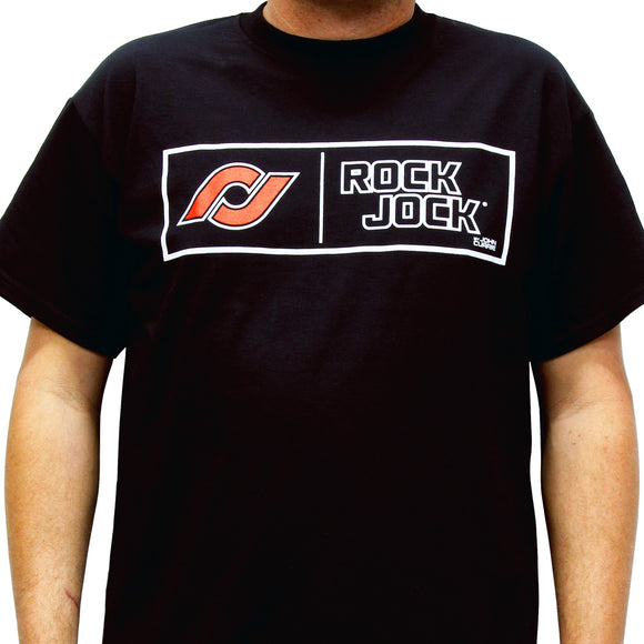 RockJock T-Shirt w/ rectangle logo. Black, youth small, print on the front.